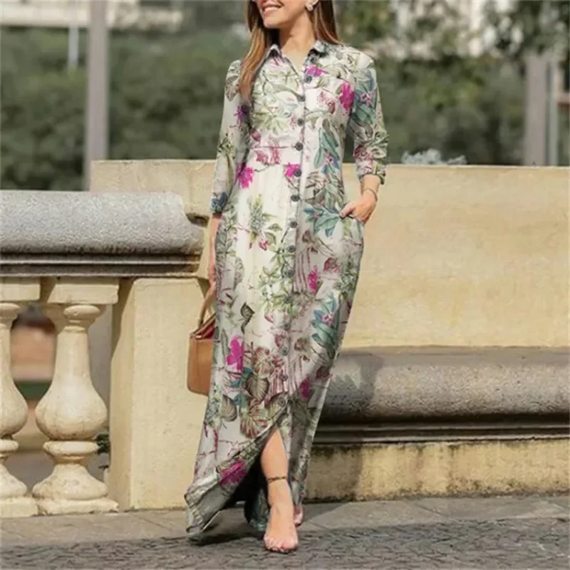 Women\'s holiday casual lapel long sleeved robe long floral printed cotton dress button up shirt long style