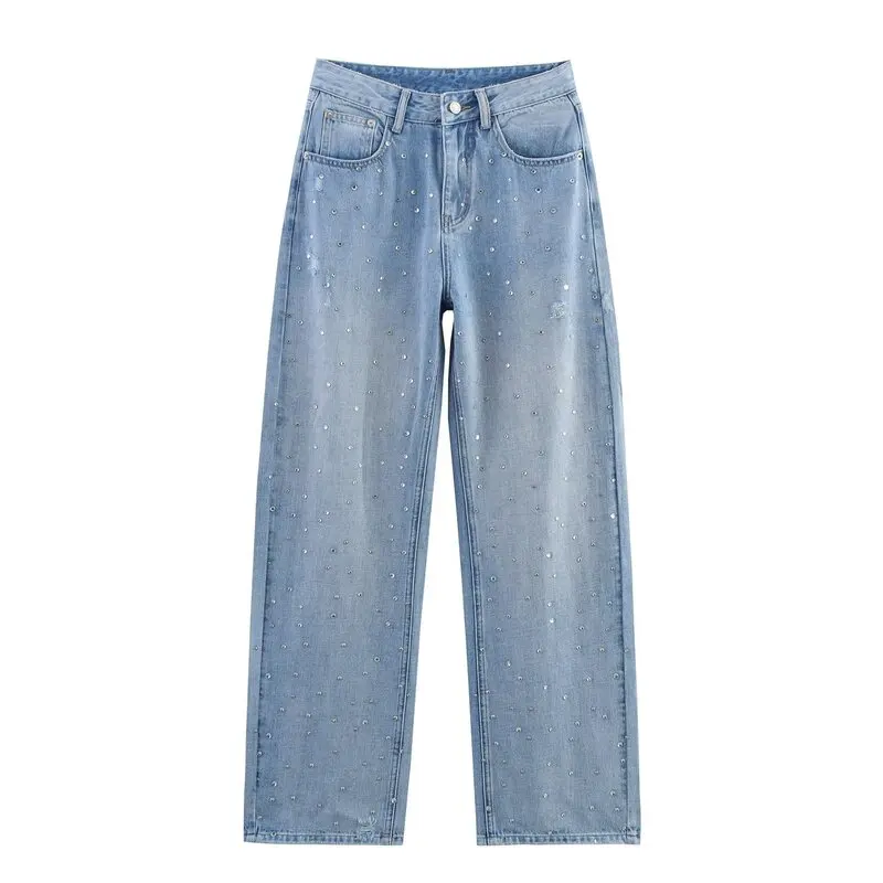 

High Waist Arc Design Diamond Embellied Long Jeans Casual Sle Summer Collection Wide Leg Pants Zipper Closure