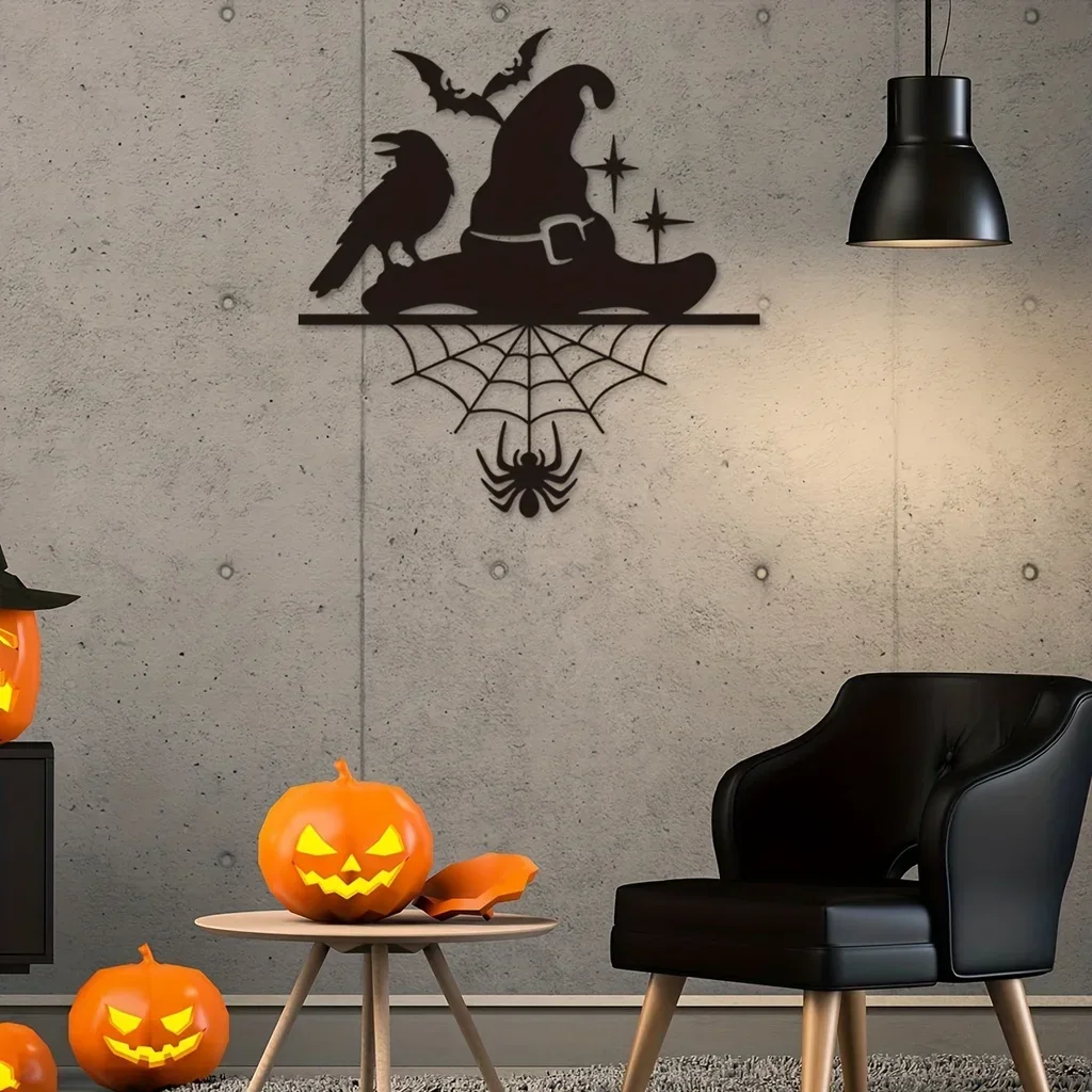 HELLOYOUNG  Halloween Witch Hat Metal Home Decor Spider Web Bat Crow Sign Wall Mounted Art Halloween Day of The Dead Home Party