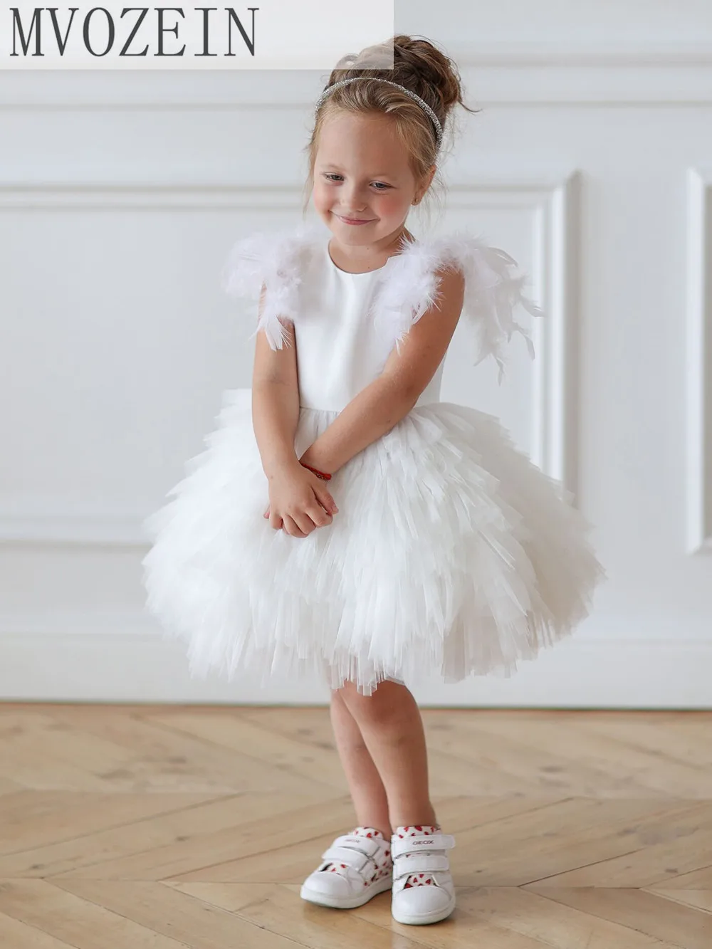 Mvozein White Flower Girl Dress Layers Girl Dress Feather Wedding Party Dress Kid\'s Birthday Dress First Communion Dress