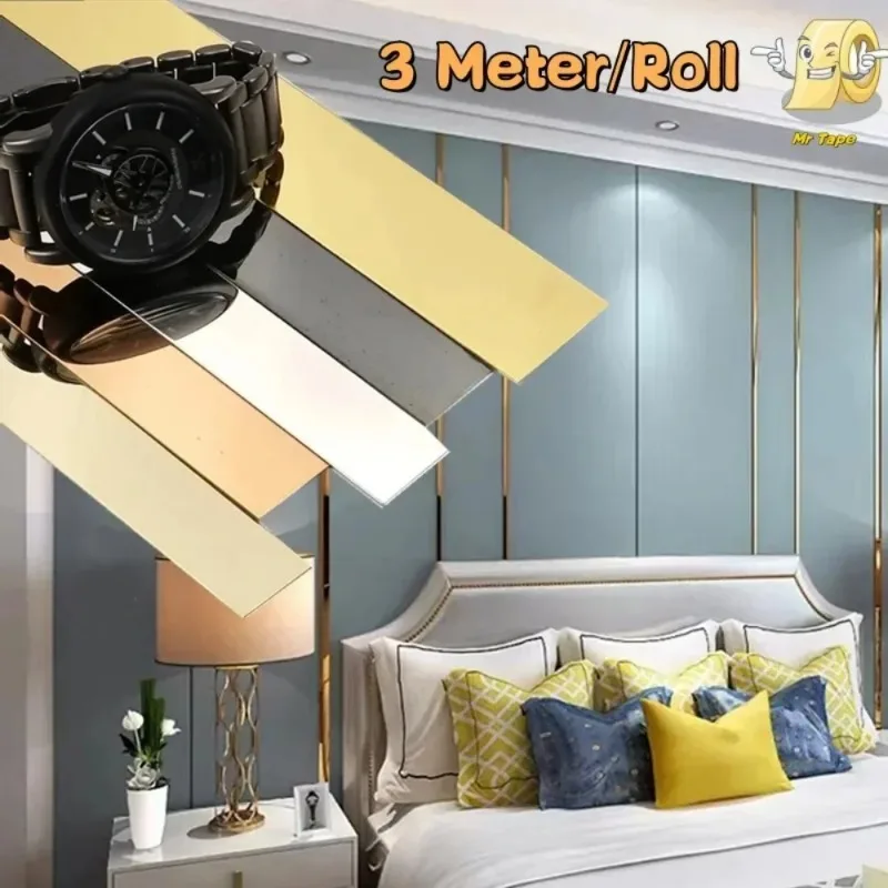 3M Stainless Steel Wall Line Stickers Metal Edge Furniture Mirror Decals Background Wall Ceiling Decorative Lines Gold Wallpaper