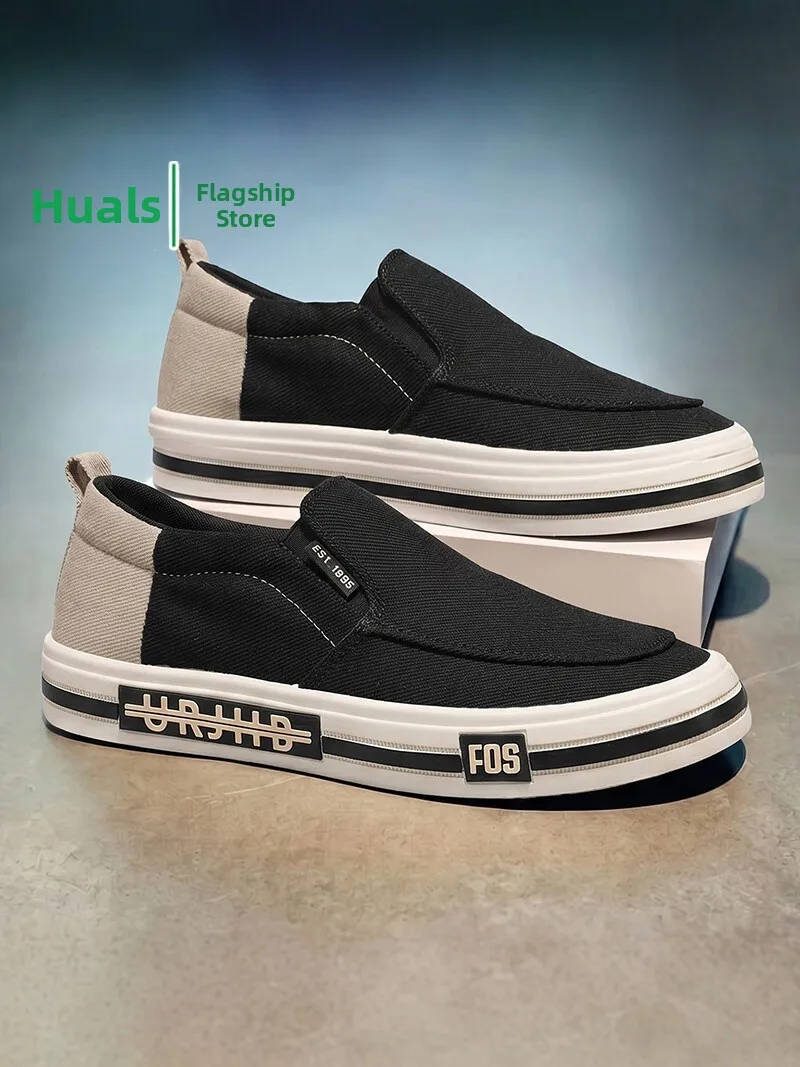 Lightweight Canvas Men's Shoes Summer Breathable Slip-On Casual Low Top Glue-Welded Rubber Outsole round Toe Color Block Design