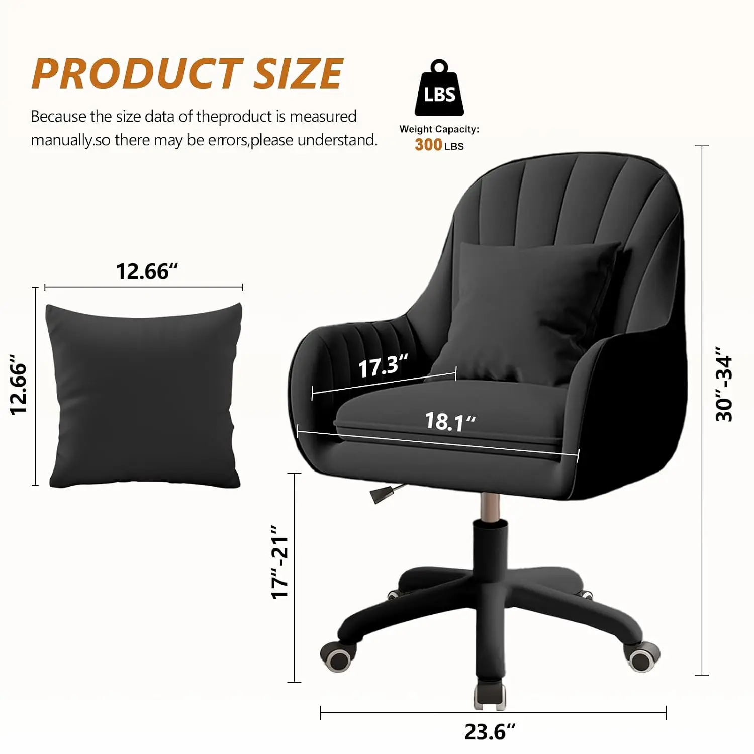 Upholstered Swivel Desk Chair With Pillow Adjustable Height Rolling Vanity Chair For Home Office Living Room Black, Customized