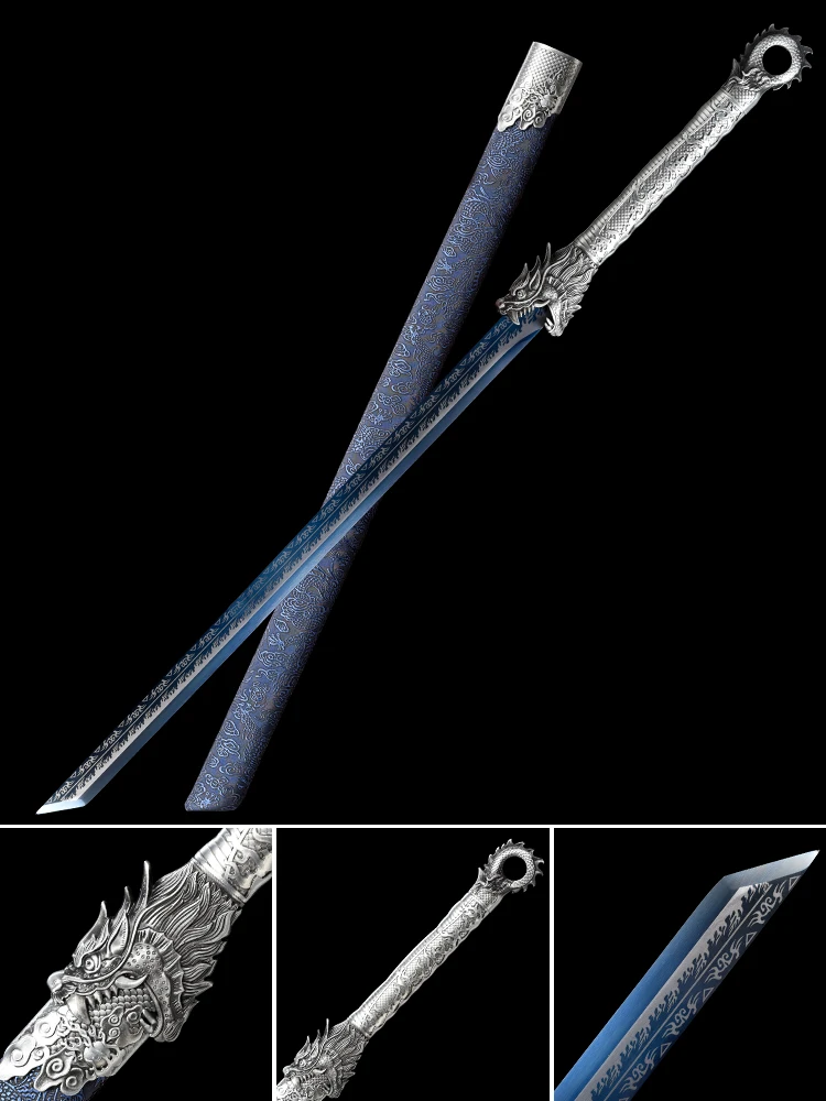 

Chinese Dragon Battle Sword T10 Steel With Blue Color Blade Real Handmade Full Tang Ready For Training Metal Handle Catana