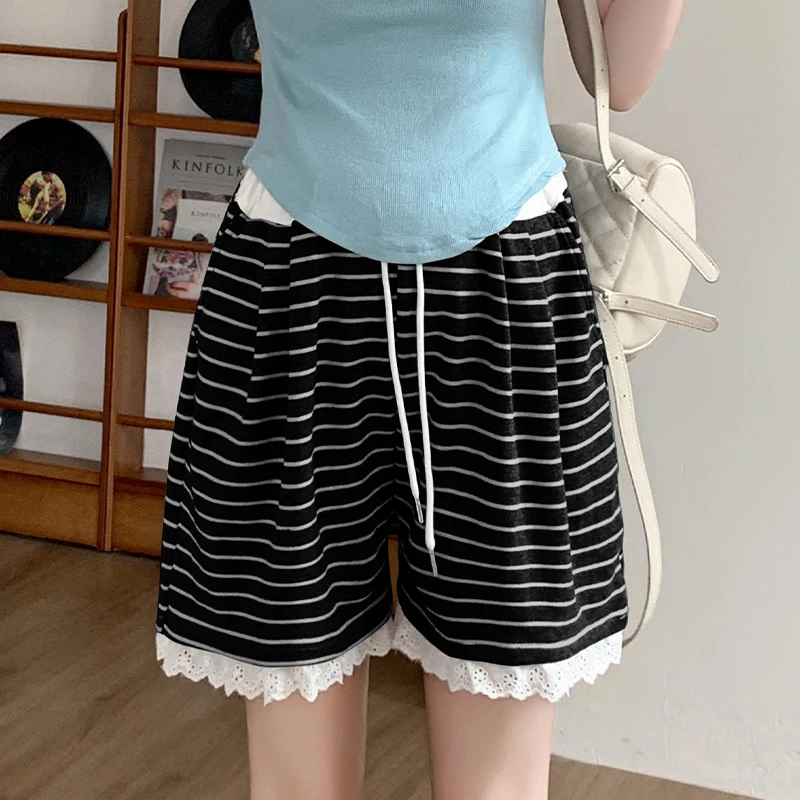 Summer Maternity Wide Legs Striped Shorts Drawstring Waist Lace Hem Pregnant Woman Casual Short Pants Sweet