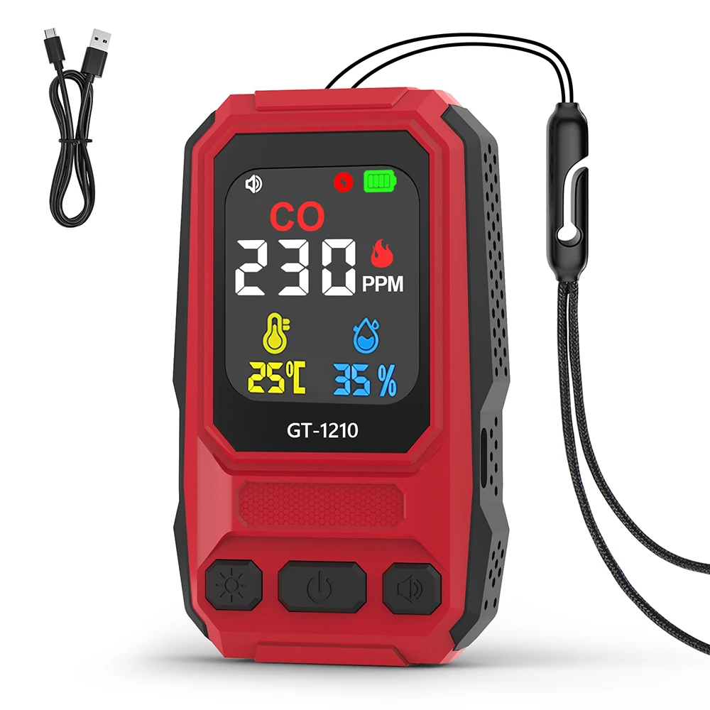 Portable 3-in-1 CO Gas Leak Detector Rechargeable Carbon Monoxide Sensor with Alarm Indoor Temperature Humidity Meter