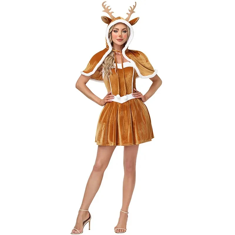 

Women Christmas New Year Party Cosplay Reindeer Deer Elk Brown Dress Costume With Socks fg8'.