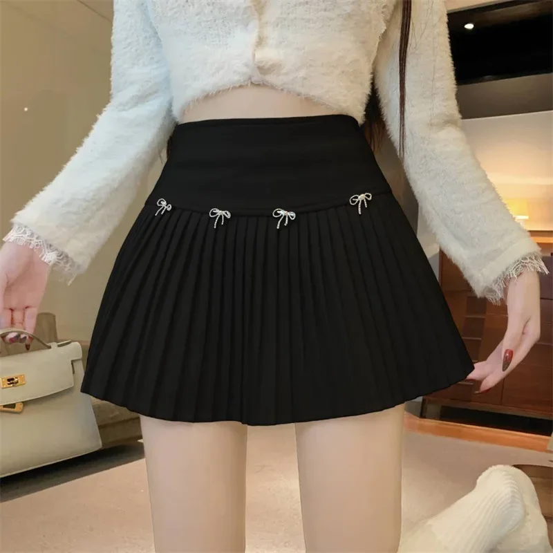 

Women's Woolen Pleated Short Skirt Autumn Winter American Korea Style Cheerleading Girl Straight A-line High Waist Mini Skirt