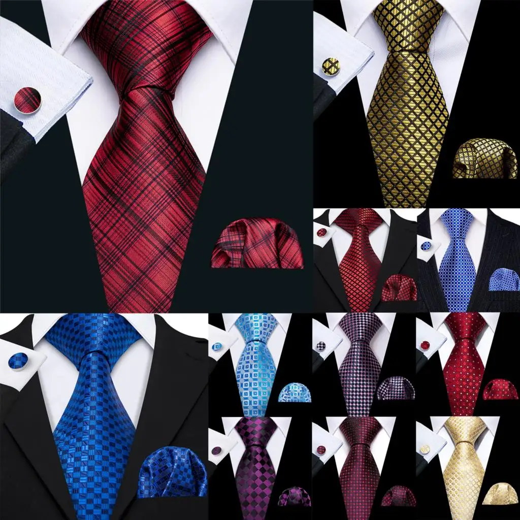 

Barry.Wang Jacquard Plaid Silk Men Tie Hankerchief Cufflinks Set Designer Checked Necktie for Male Wedding Business 50 Colours