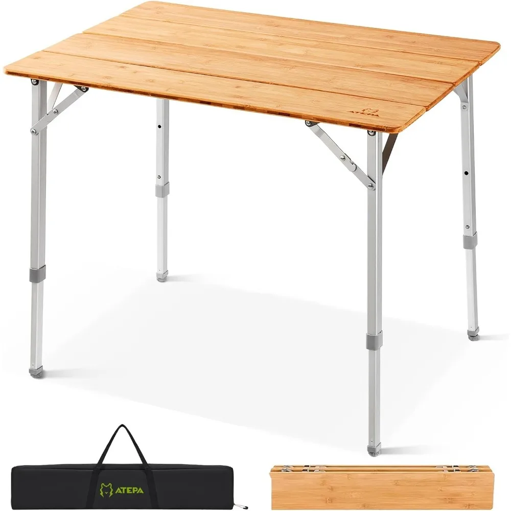 

Wooden Folding Table, Adjustable Height Folding Tables Environmental Bamboo Camping Table with Aluminum Legs Carry Bag for Trav