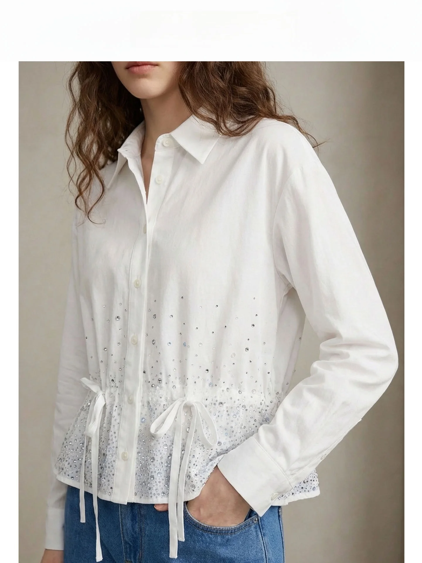 

Элегантная женская рубашка из чистого хлопка с тяжелыми стразами, новая весенняя модель, с завязками на талии, длинными рукавами, во французском стиле