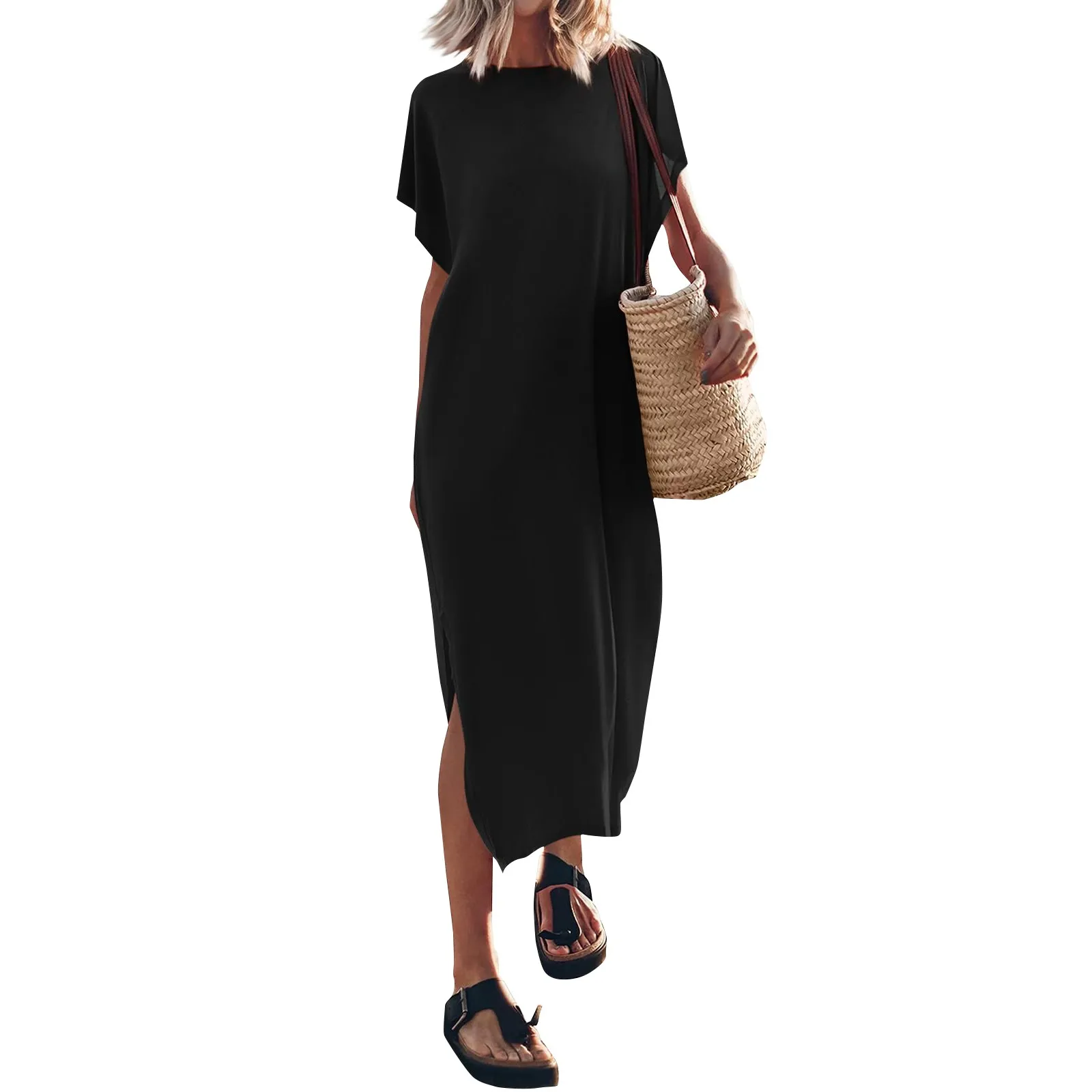 Women'S Summer Solid Color T-Shirt Long Dress Round Neck Casual Loose Split Dress Summer Dress Vestido Feminino Formal Dresses
