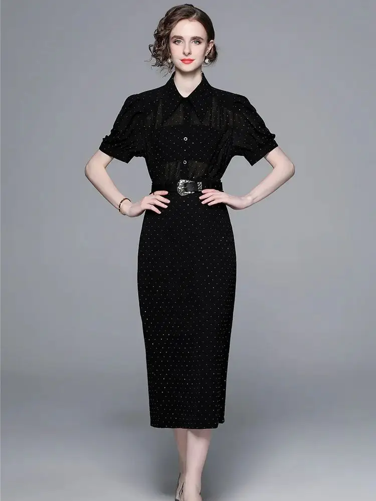 Summer Holiday Black Two Piece Women Dress Set Short Sleeve Dot See Through Chiffon Blouse Shirt + Belt Long Slit Skirt Suits