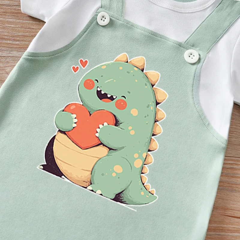 بدلة قفز للأطفال حديثي الولادة للعطلات الصيفية مكونة من قطعتين مطبوعة على شكل ديناصور لطيف وأكمام قصيرة ورقبة دائرية