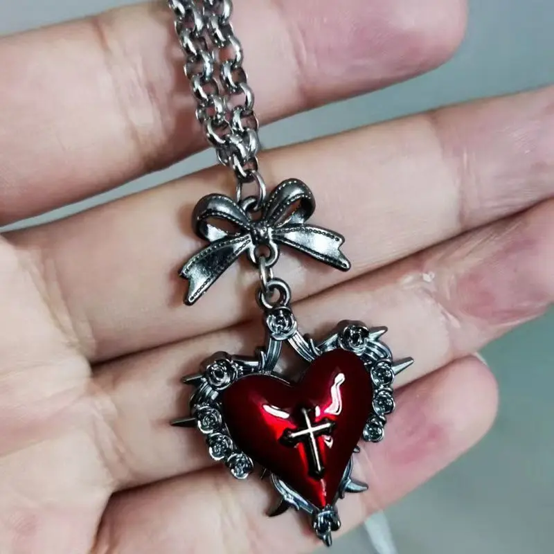 Punk Heart Cross Pendant Necklace For Women Unisex Trendy Gothic Crystal Bow Zircon Choker Chain Jewelry Casual Daily Girl Gift