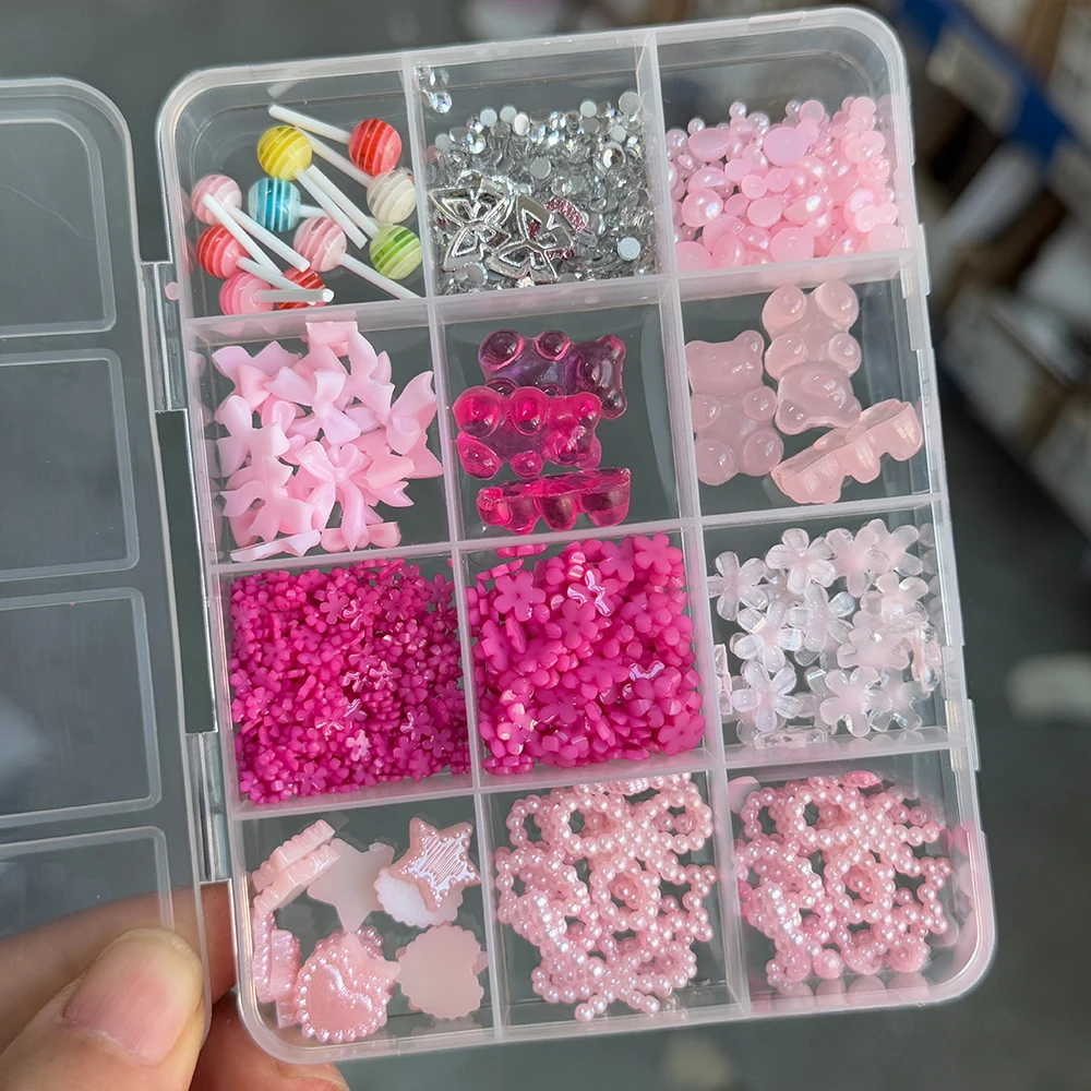 12칸 3D 혼합 오로라 리본 네일 아트 장식 플랫백 레진 리본 진주 하트 별 네일 참 DIY 공예 매니큐어 용품