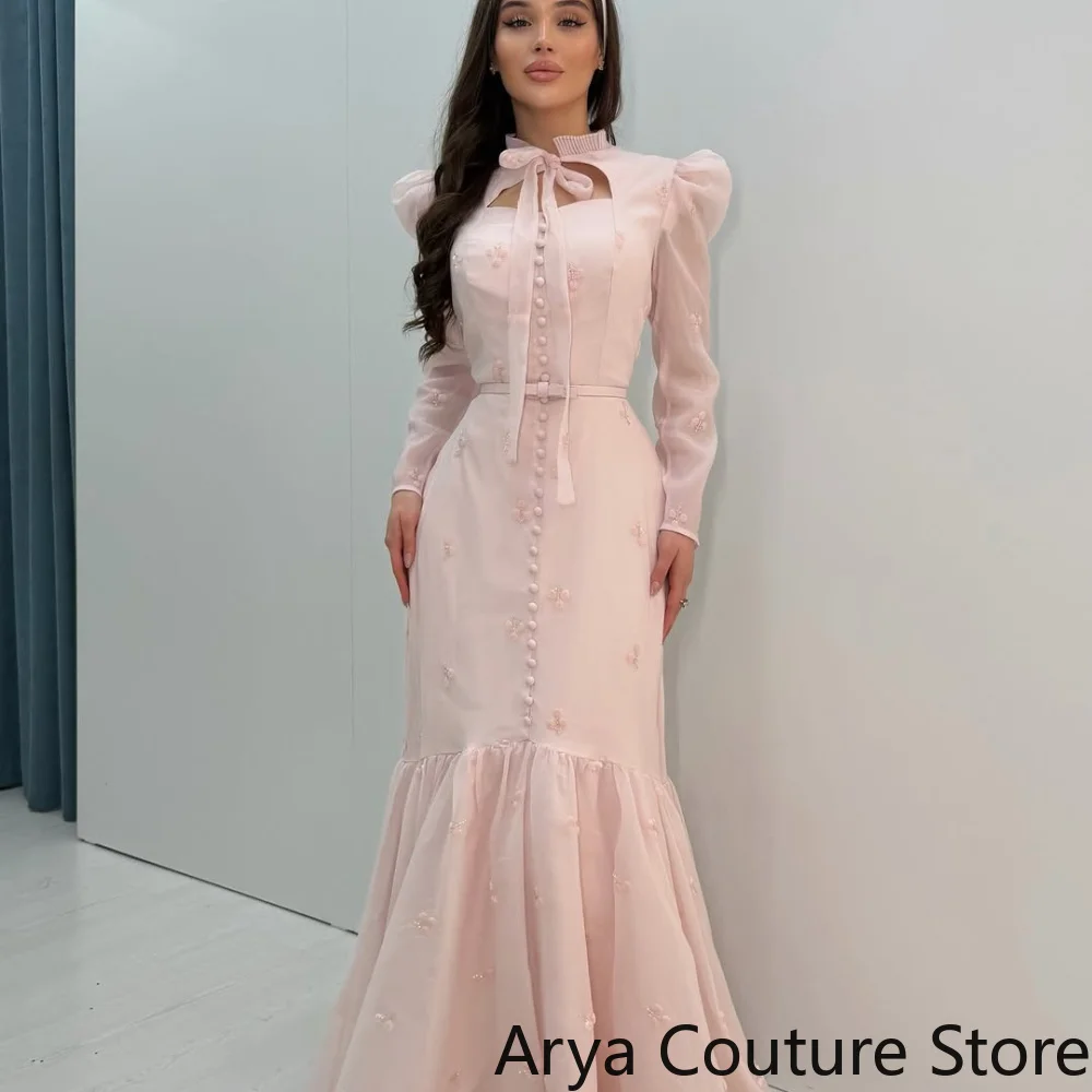 Customized Romantic Light Pink Evening Gown High Neck Bow Tie Chest Cutout Long Puff Sleeve 3D Floral Embroidery Flowy