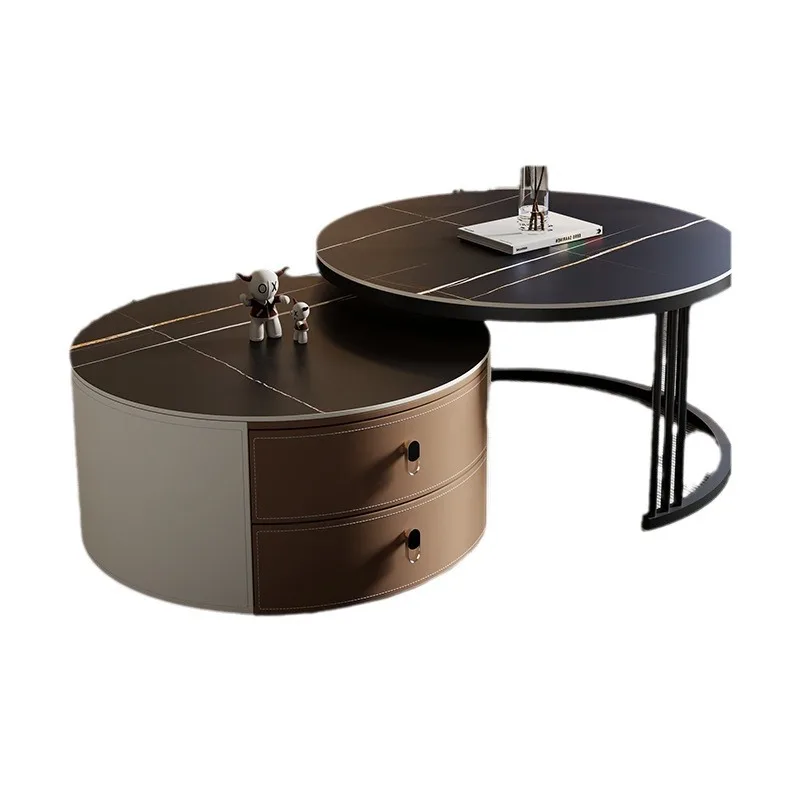 

Household living room small apartment rock slab coffee table, size round saddle leather Italian modern simple glass combination