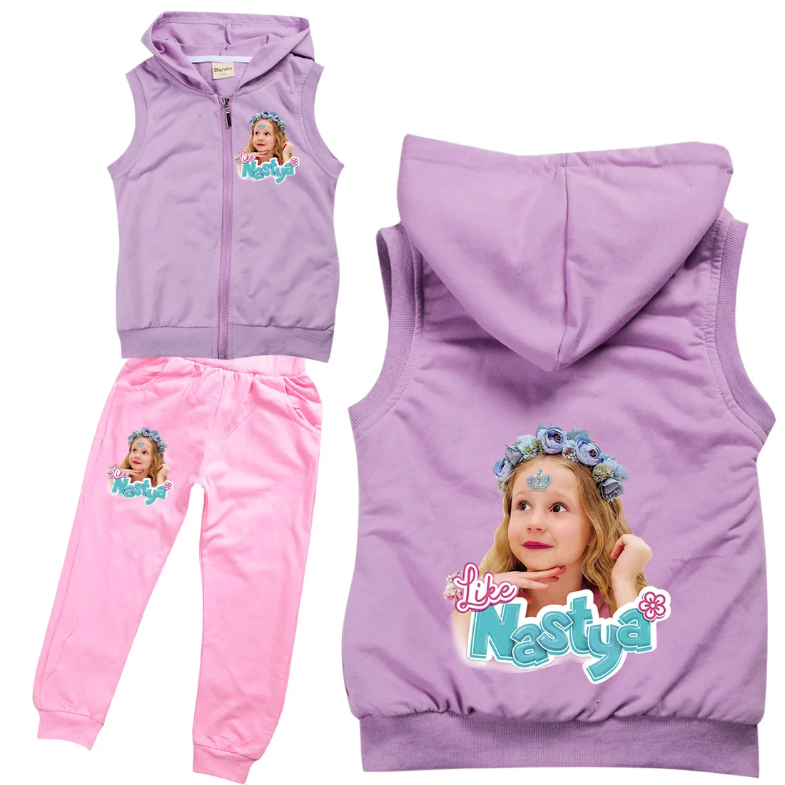 Lovely Russia Like Nastya Costume Kids Sleeveless Zipper Jacket Pants 2pcs Set Baby Girls Outfits Boys Sportsuit Children's Sets