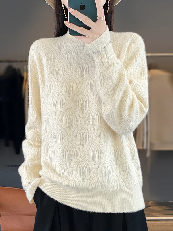 

Faionable Knitted Base Layer Top Women's f High Collar Beaded Sweater Inner Wear plus Size Autumn Winter Cozy Long Sve
