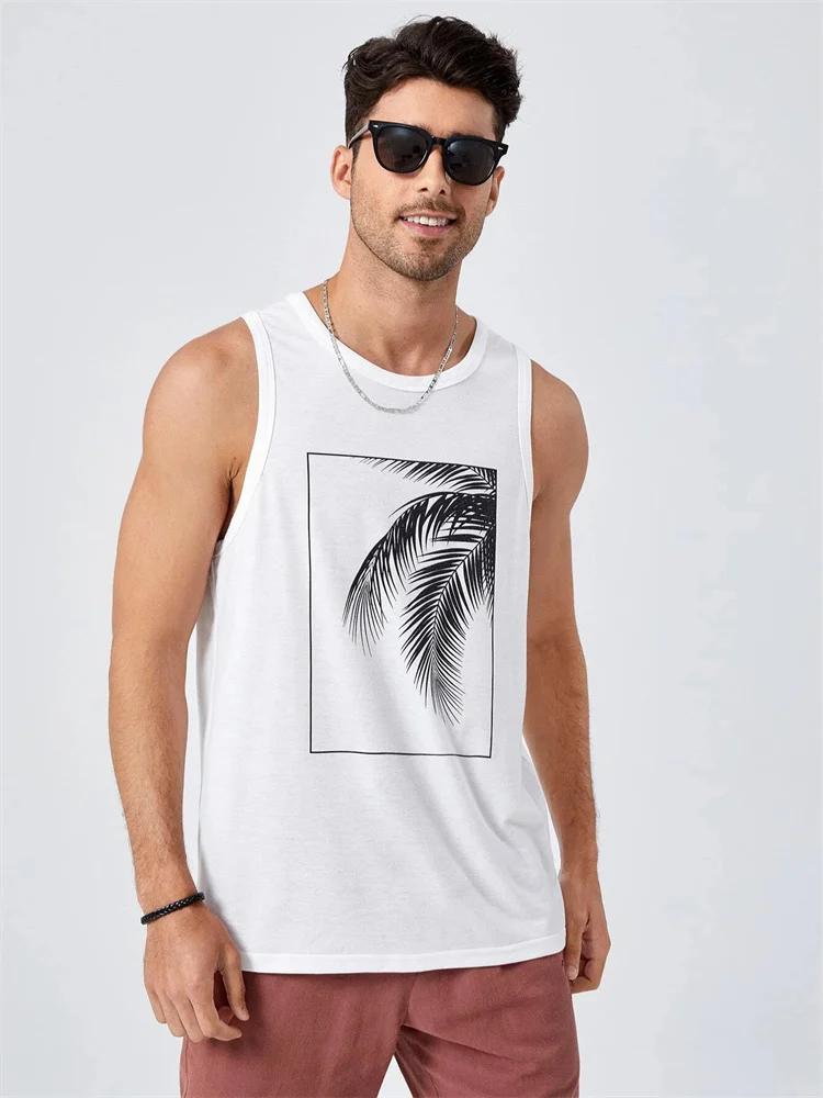 2024 Men's Summer O-neck Vest Breathable Coconut Leaf Print Sports Fitness Vest Quick Dry Hawaiian Sleeveless Vest For Men