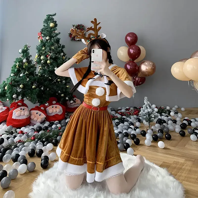 Christmas Cosplay Costume Women Santa Girl Reindeer Brown Dress Uniform  Deer Elk Hooded Cape Cute Stage New Year Party Costume - AliExpress  200000532