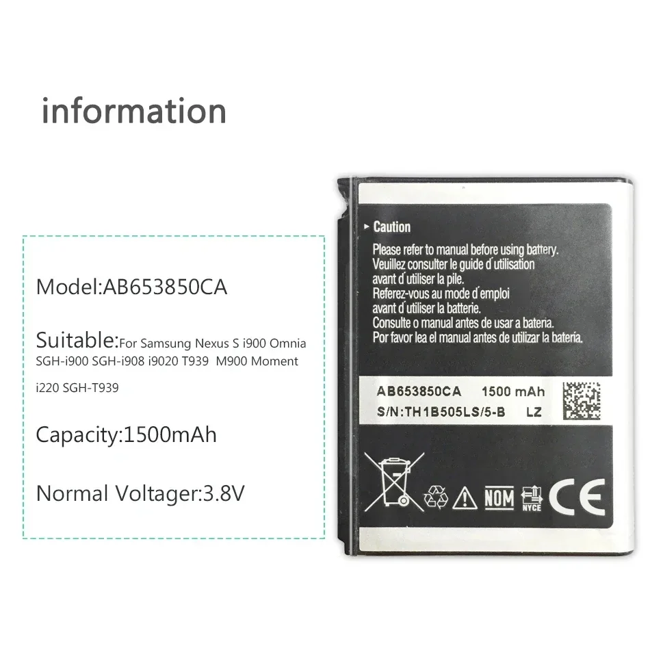 Bateria do telefone móvel para samsung nexus s i900 omnia SGH-i900 SGH-i908 i9020 t939 m900 momento i220 SGH-T939 ab 653850 CA 1500mAh