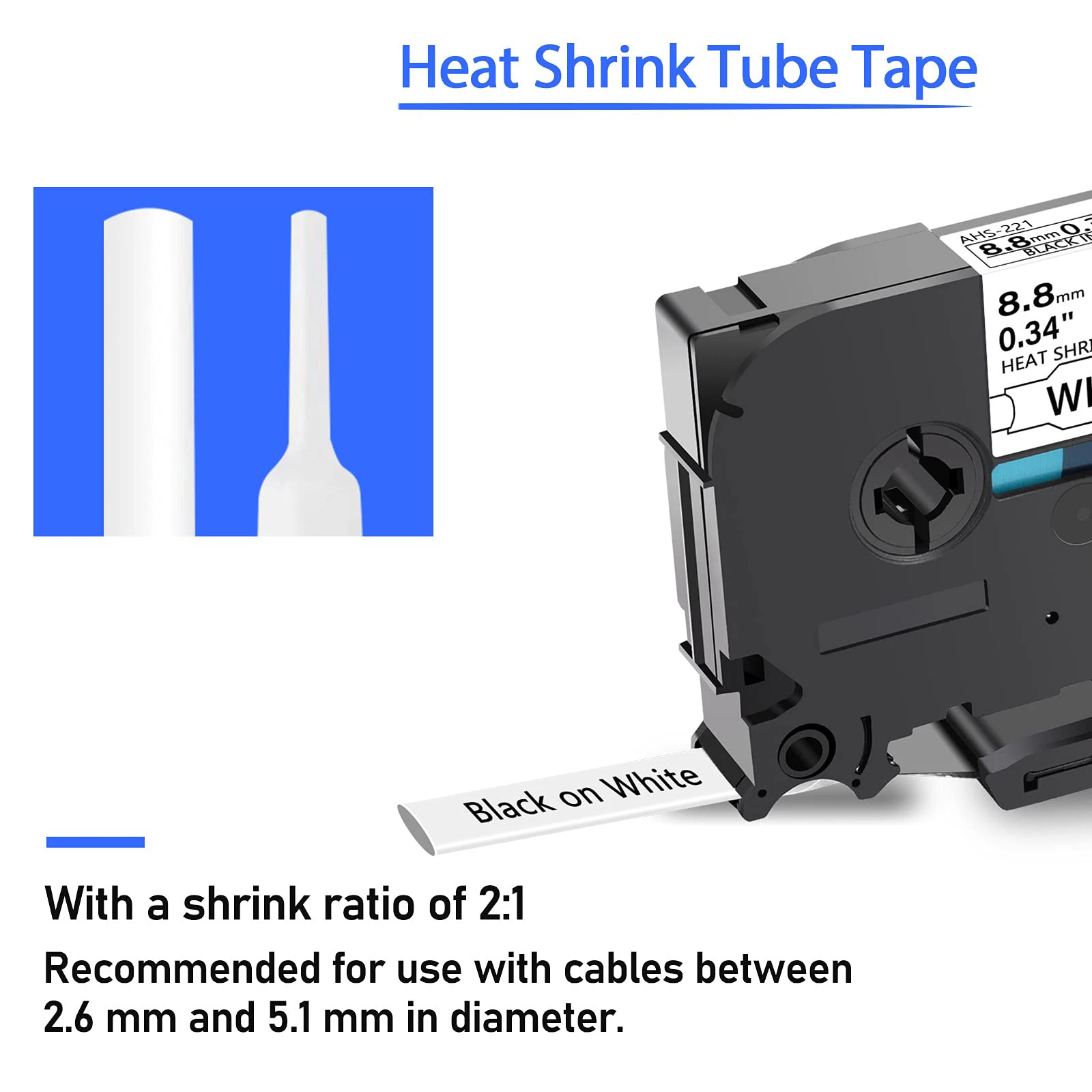 5Pcs Heat Shrink Tubes Label Compatible for Brother HSe-221 HSe221 Label Black on White 0.34