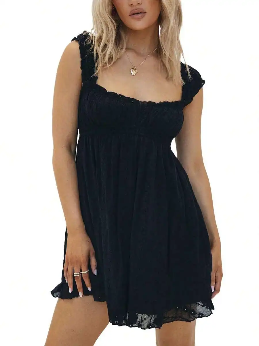 

Women Summer Sleeveless A-Line Dress Floral Embroidery Loose Beach Club Streetwear