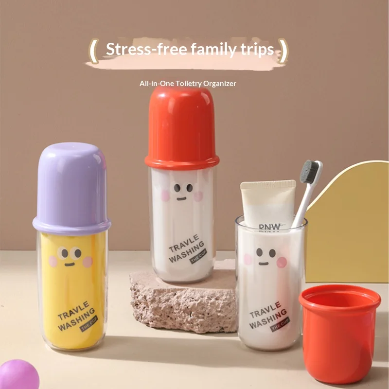 Cute Cartoon Travel Toothbrush Cup Dual-purpose Detachable Plastic Shell Splash-proof Screw Sealed Lid Toothpaste Oral Tool Integrated Storage Family Road Trip Toiletry Organization For Household Travelers