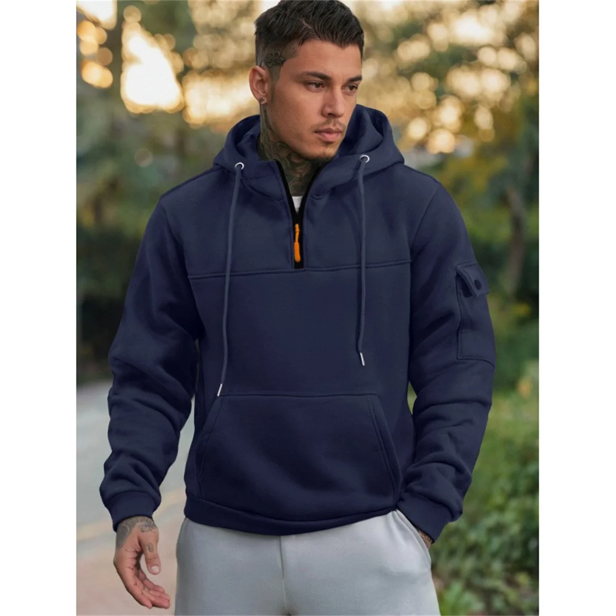 Tiki Autumn Fleece Warm Soft Arm Pocket Leisure Outdoor Jogging Camping Fishing Sports Professional Solid Color Men\'s Hoodie