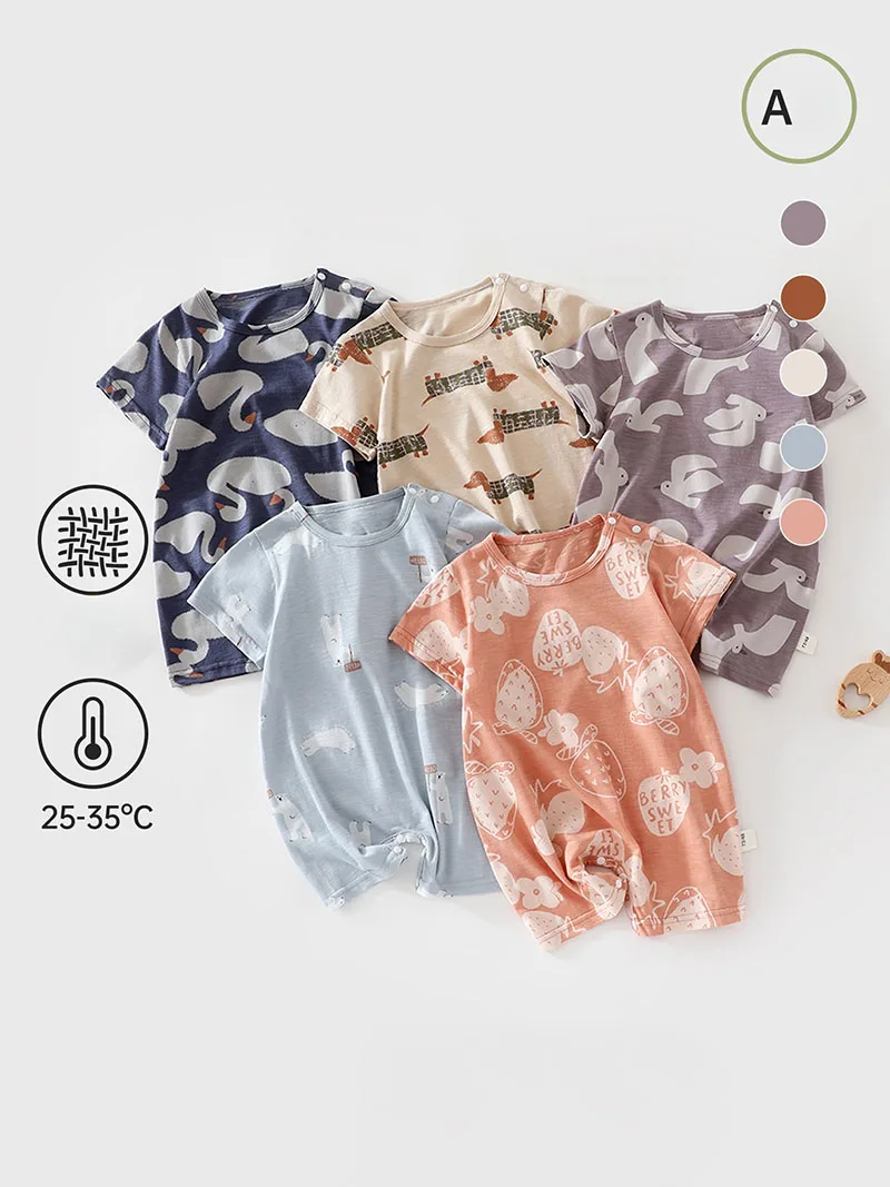 2026 Summer Baby Rompers 3-24M Cartoon Animal Girls Jumpsuit Cute Full Print Toddler Clothes Thin Infant Boys One Piece