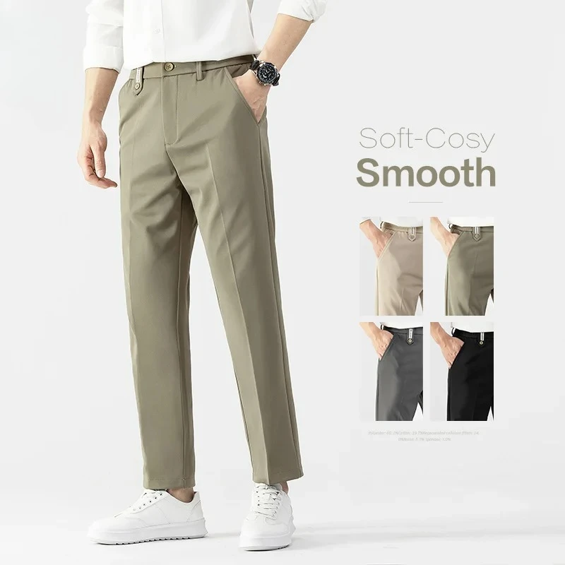 

2026 New Spring Summer Men's Suit Pants Thin Business Straight Elastic Waist Korea Casual Drape Brand Grey Formal Trousers Male