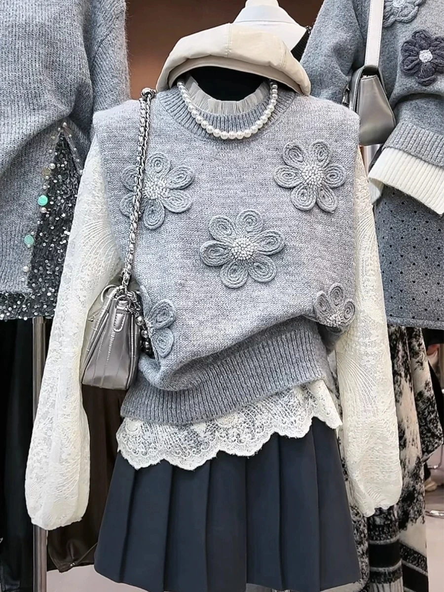 

Sli Women's Knitted Sweater Vest 3D Flower Decoration Versatile Spring Autumn Faion Sweet Sle round Ne Long Sve