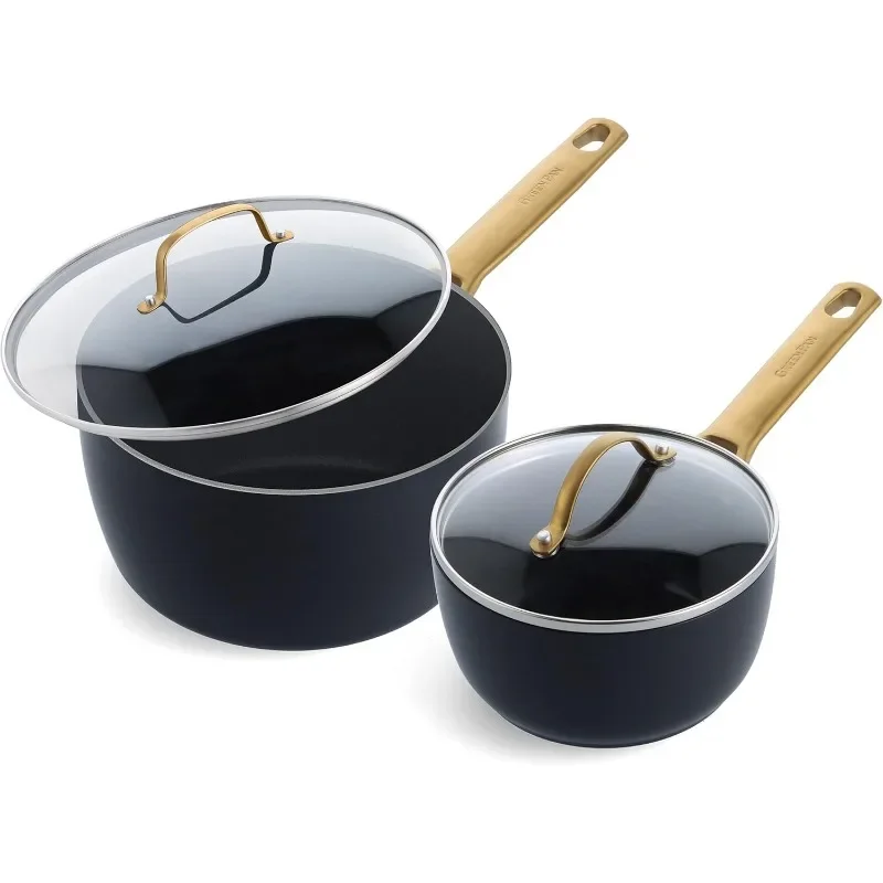 

Reserve Hard Anodized Healthy Ceramic Nonstick, 1.5QT and 3QT Saucepan Pot Set with Lids, Gold Handle, PFAS-Free