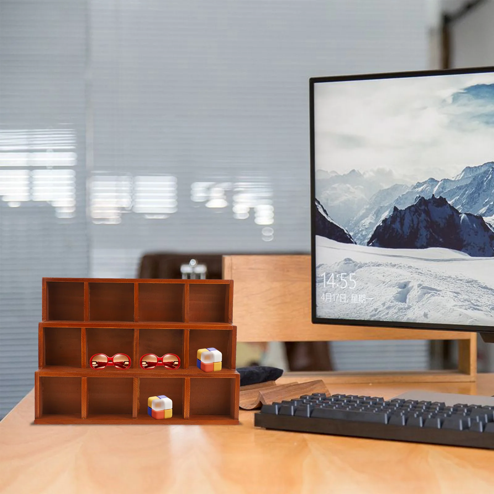 

Wooden Storage Rack Space Saving Multi-Grid Desktop Organizer Wall Hanging Box for Sundries Stationery Cosmetics Jewelry Storage