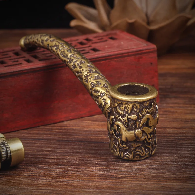 Vintage Brass Tobacco Pipe with Hand-engraved Horse and Compact Design