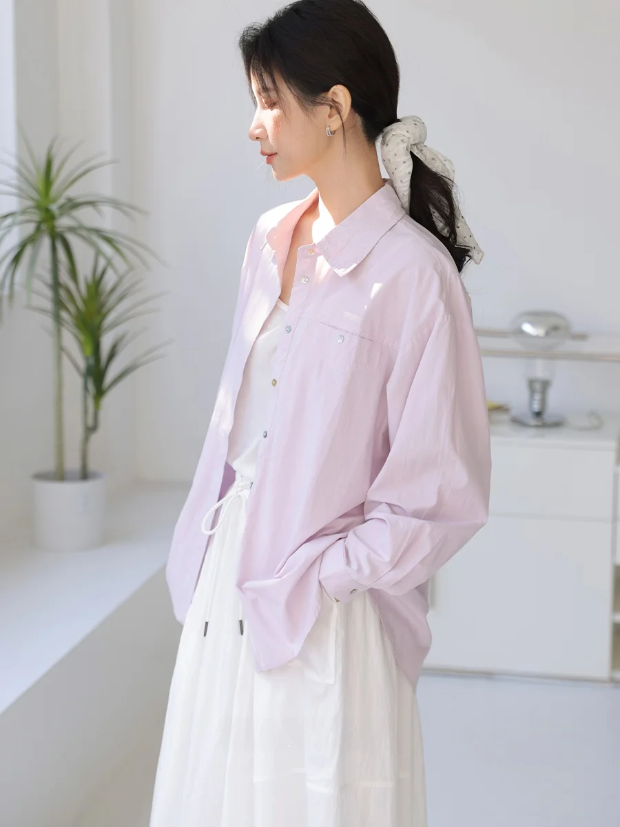 

Розовая женская рубашка из шелкового хлопка с длинным рукавом, повседневная, универсальная, легкая, роскошная, с защитой от УФ-излучения, свободного кроя, на пуговицах