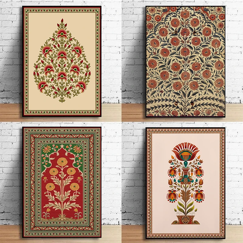 Indian Folk Art Persian Floral Print Vintage Tree of Life Lotus Flower Canvas Prints Painting Wall Art Poster Home Decor Cuadros