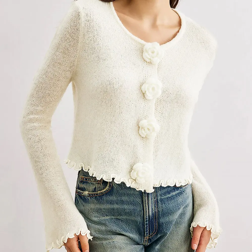 Sweater Rajut Wanita Model Slim Fit dengan Ruffle, Motif Bunga 3D, Atasan Rajut untuk Musim Gugur/Dingin, Gaya Baru Fashion untuk Wanita