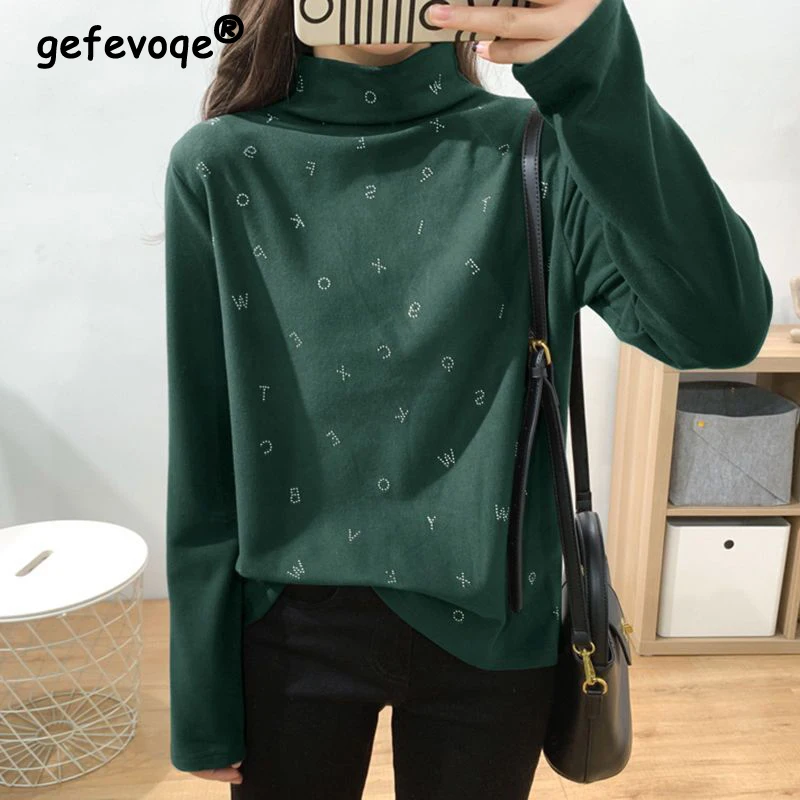 

Korean Fashion Letter Rhinestone Half High Collar Long Sleeve Basic T Shirt Women 2023 Spring Autumn Casual Pullover Top Female