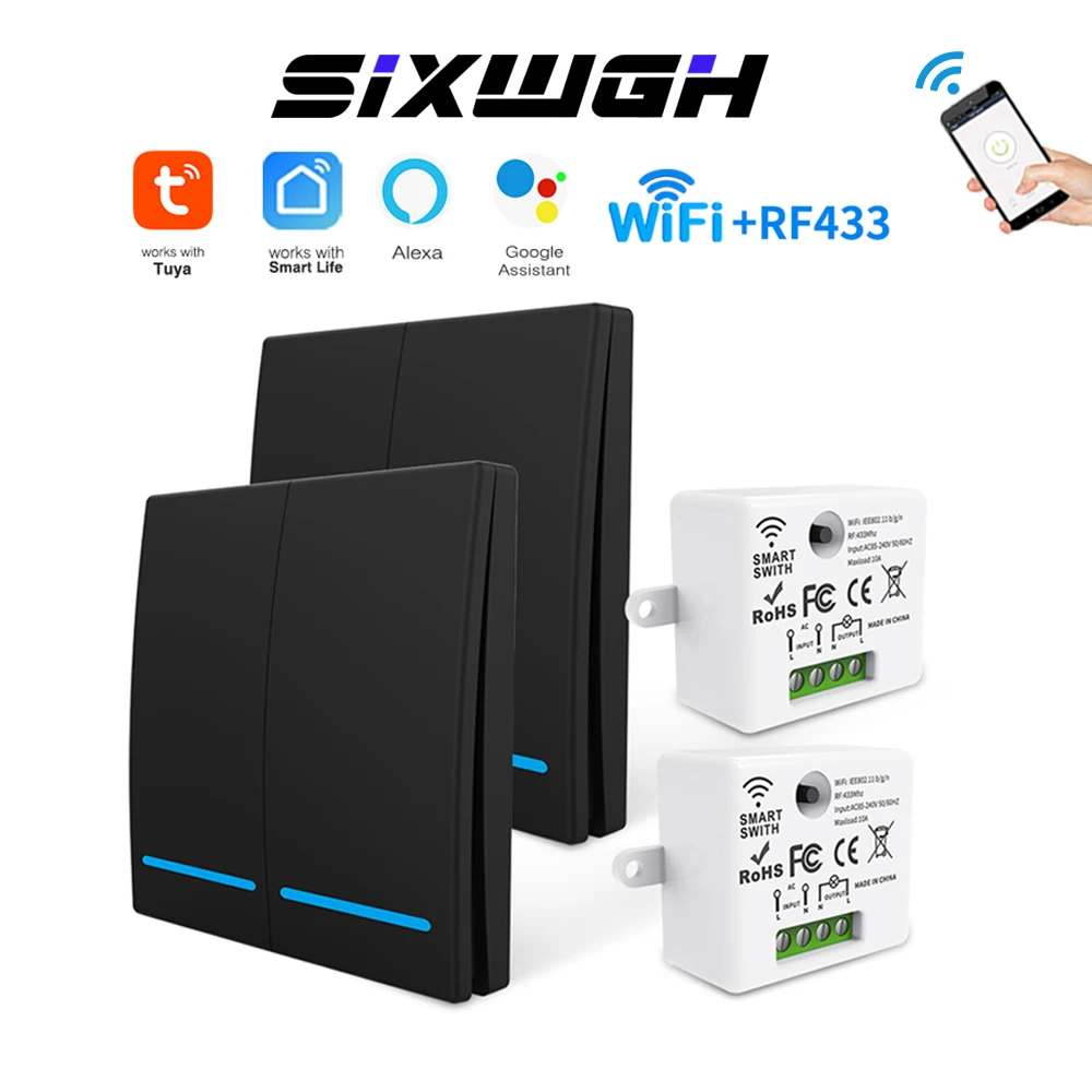 

Беспроводной Wi-Fi выключатель Tuya на 1/2/3 кнопки, совместимый с RF433MHz, Google Home, Alexa, с голосовым управлением и таймером, без необходимости проводки