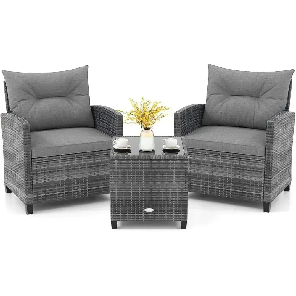 Grey Outdoor PE Rattan Patio Furniture Set with Cushions and Tempered Glass Table
