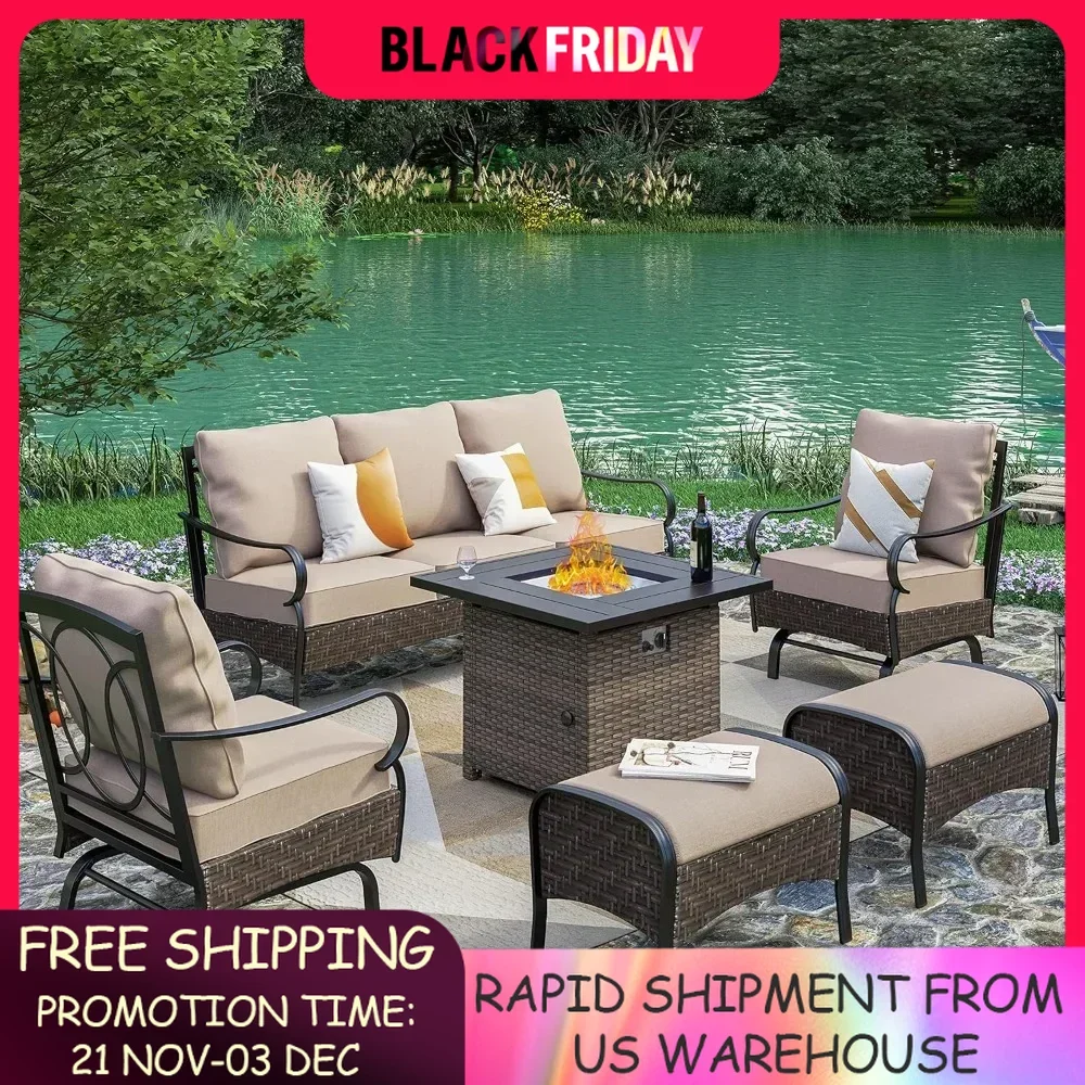 6 Pieces Outdoor Patio Furniture Sets with Fire Pit Table, Large Outdoor Conversation Sets for 7, Metal Patio Furniture Set