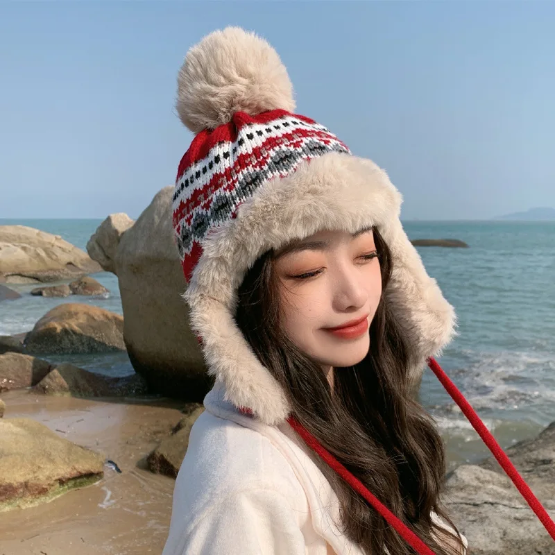 Winter Warm Plush Cotton Thickened Women\'s Lei Feng Hat Retro Versatile Ear Protection Cycling Work Cold Proof Ski Cap