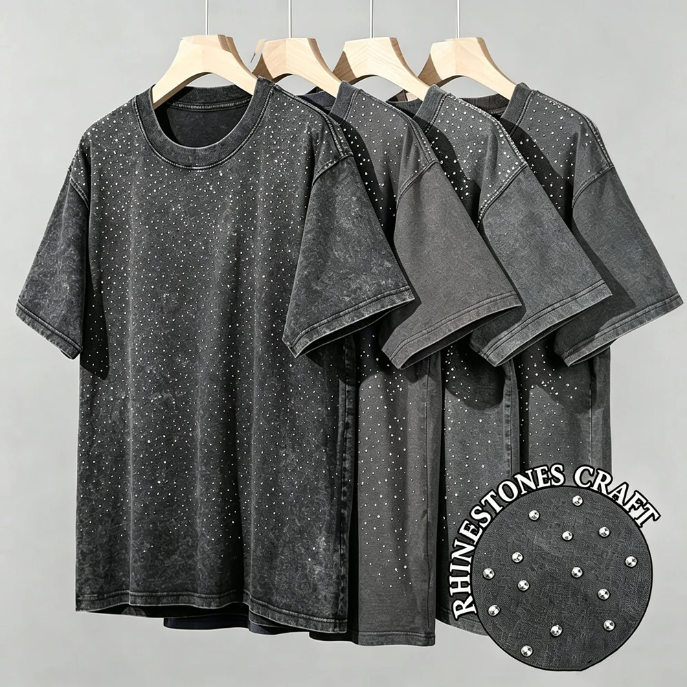 Trend Diamond Cotton Washed T-shirts Summer Womens Men Vintage Short Sleeve Tops Casual O-Neck Oversized Tees Y2k Woman Clothes