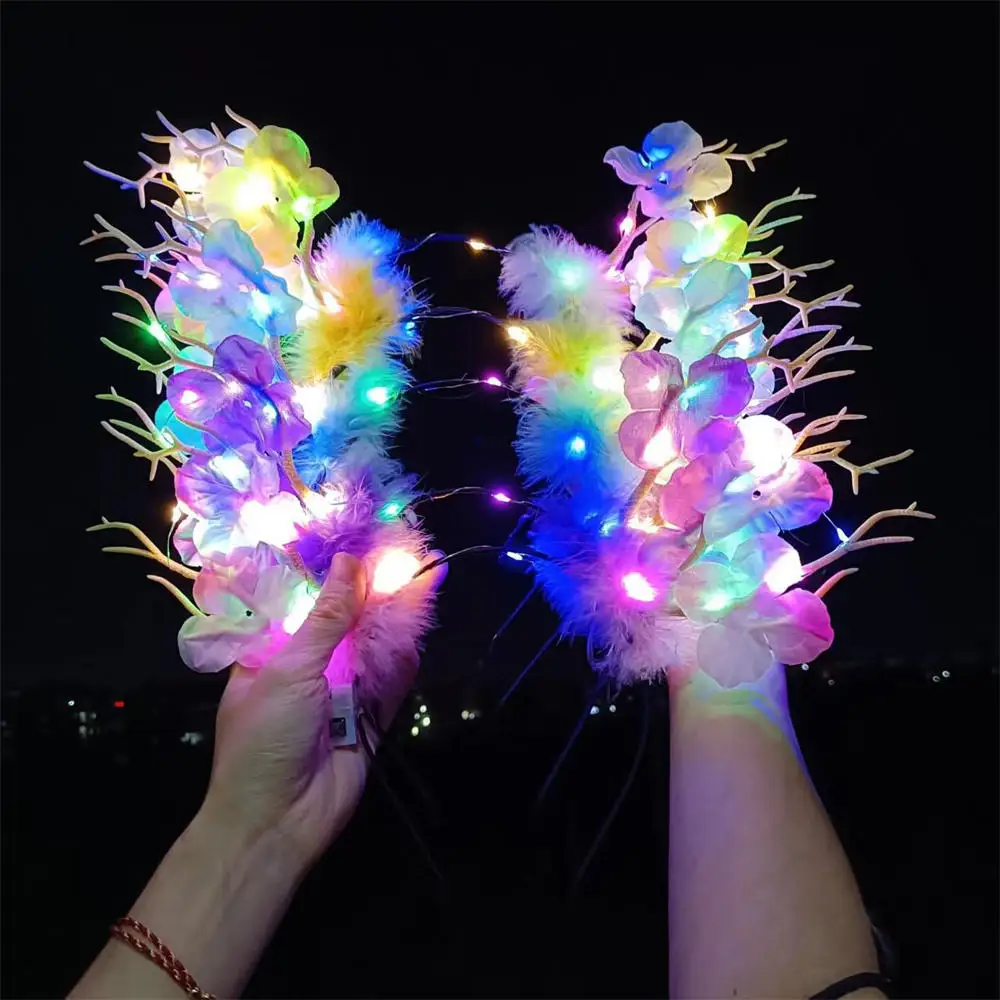 Deer Elk Feather Plum Flower LED Glow Headband Women Girl Light Up Antlers Hair Bands Christmas New Year Rave Party Supplies