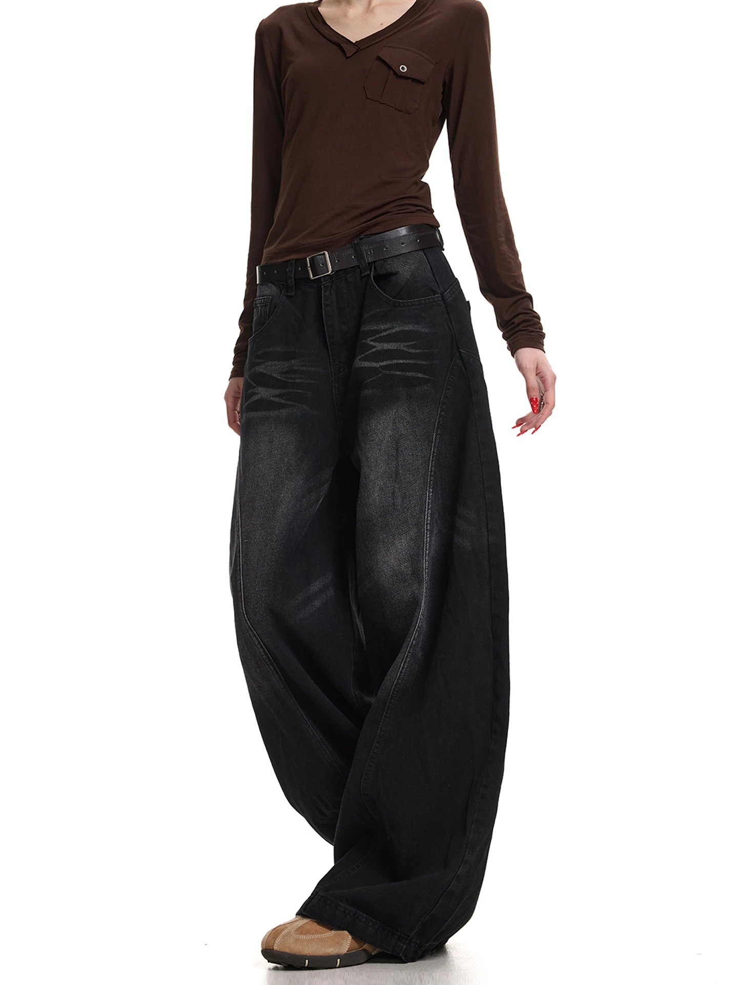 

FreeMary High Street Sle Retro Patchwork Waed Wide Leg Jeans Women's Loose Drapey Denim Pants Casual Comfortable Fit