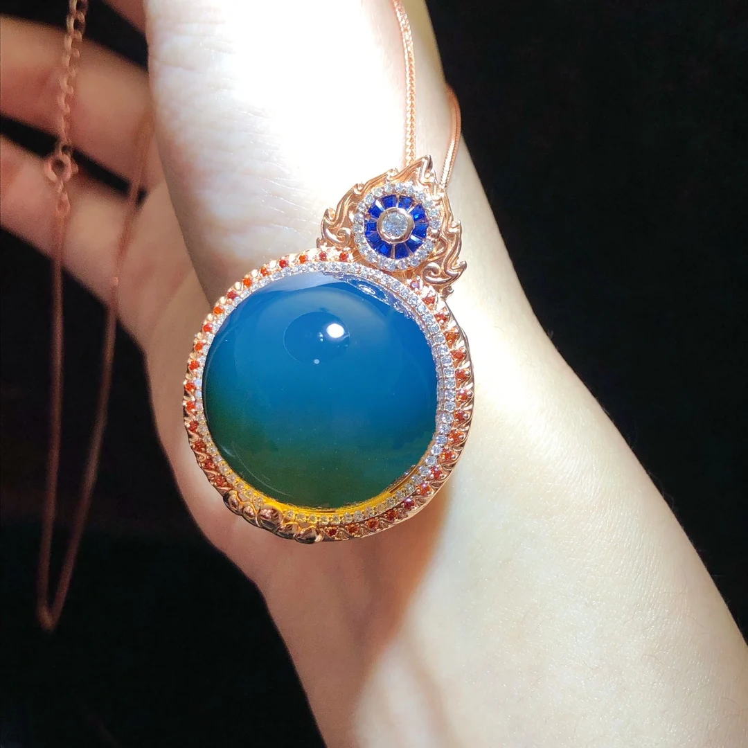 

Natural 23mm Dominican Blue Amber Pendant Necklace, Sterling Silver With Gold Plated, Colored Gemstones, Unique Gift For Women