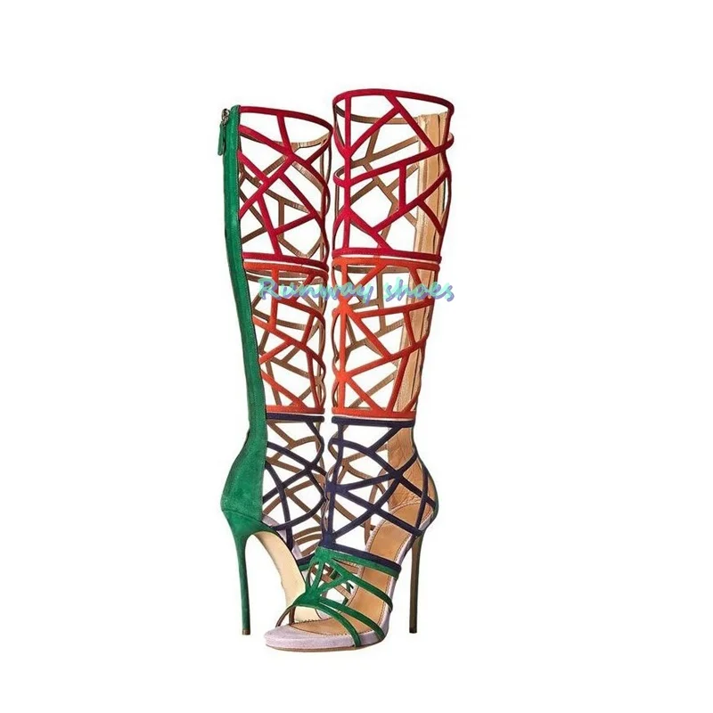 Runway Style Laser Hollow Out Long Boots Summer Flat Sandals Color Blocking Leaky Toe Silver Boots Strange Shoes